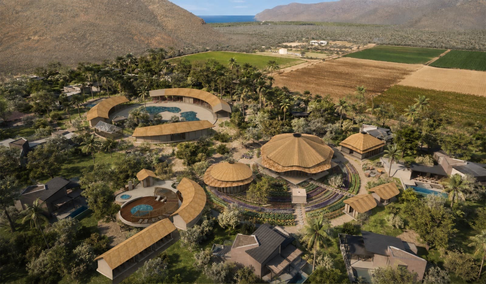 Aerial view of the Casa Damara community — homes, farm, and amenities in the Pescadero valley