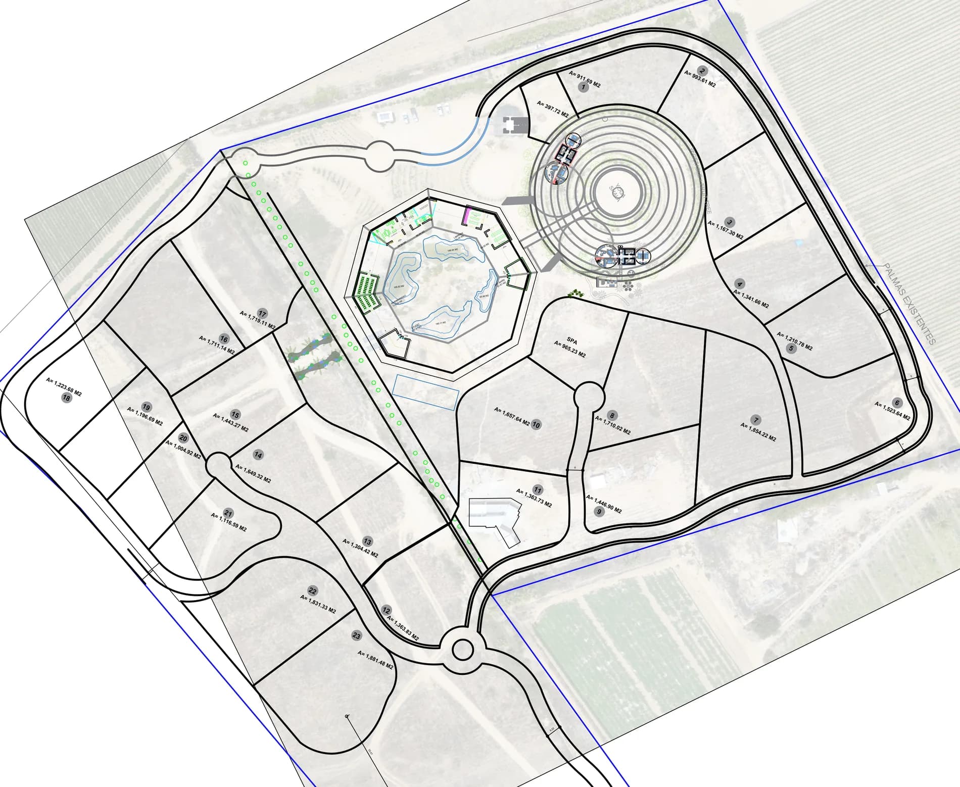 Casa Damara site map — 23 homesites around the central amenities
