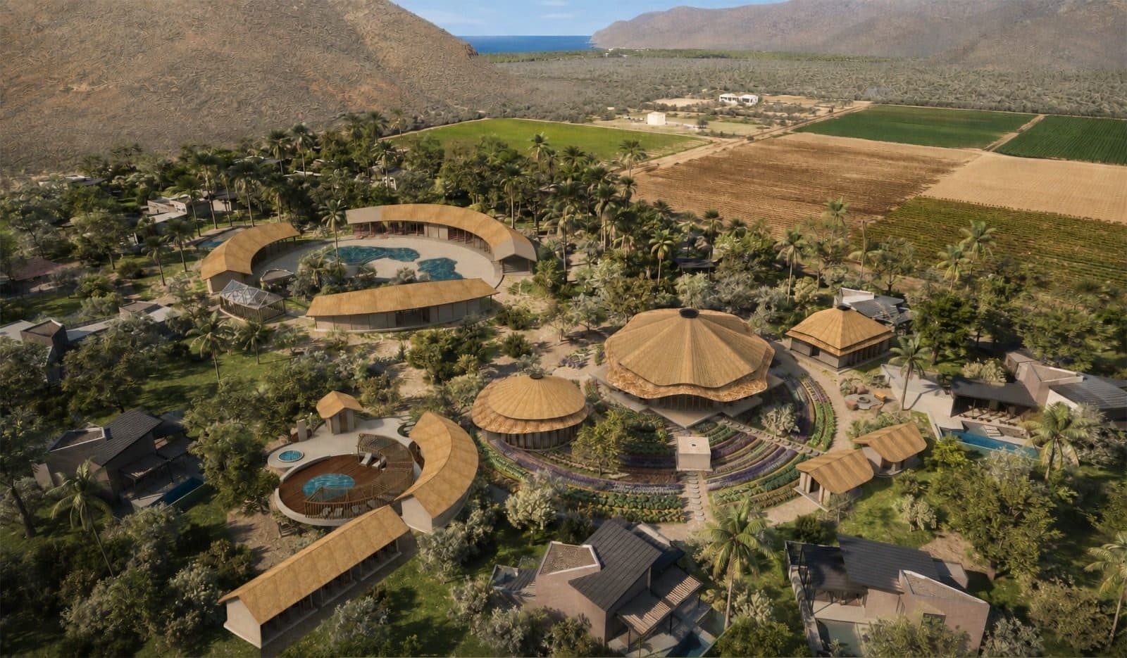 Casa Damara from above — homes, farm, and gardens as one